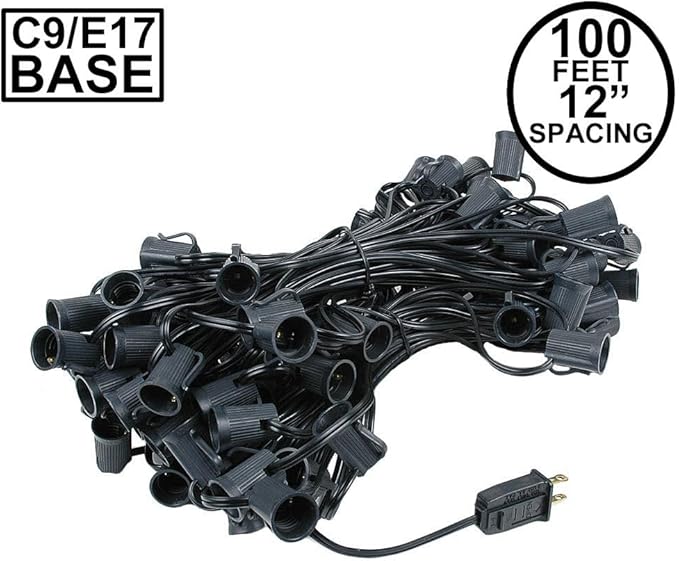 Novelty Lights 100 Foot C9 Outdoor String Light Christmas Stringer - Patio String Lights - Intermediate Base (C9/E17) - 12" Spacing - Black Wire