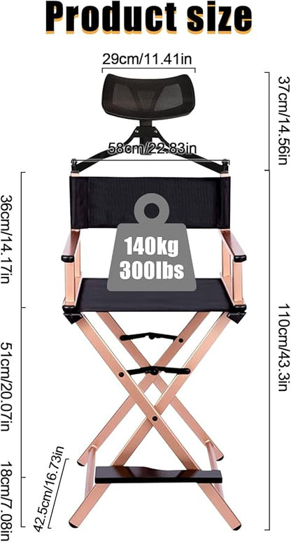 Lorvain Folable Makeup Artist Stool Chair, Protable Tall Folding Directors Chair, Aluminum Makeup Chair with Head Rest for Studio Salon Vanity, Bar Height - Gold Chair