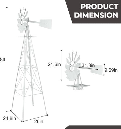 Outvita 8FT Ornamental Windmill for Yard, Heavy Duty Durable Metal Weather Vane Garden Decoration Weather Resistant for Garden, Farm, Seaside