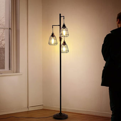 9MMML 68” Living Room Floor Lamp, Industrial Farmhouse 3 Teardrop Cage Standing Lamp,Black Tall Floor Lamp for Bedroom Office, 3 LED Edison Bulbs Included