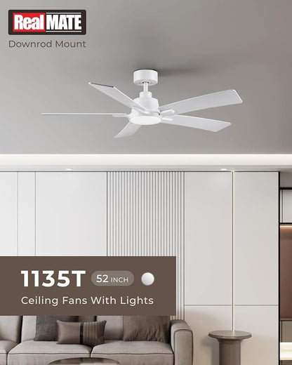 52 Inch Ceiling Fans with Lights and Remote, White Ceiling Fan, Downrod Style with 5 Blades, Modern Design For Indoor Bedroom Living Room/Outdoor, 6 Speed Reversible DC Motor, 3CCT Dimmable LED