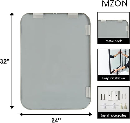 MZON 24x32Inch Brushed Nickel Bathroom Mirror, Rectangle Wall Mounted Mirror for Bathroom or Entryway, Anti-Rust Frame & Tempered Glass, Hangs Horizontally/Vertically - Farmhouse or Bathroom Decor