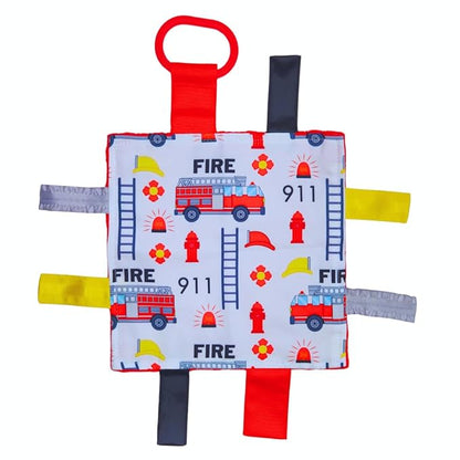 Baby Jack & Co 8x8” Fire Lovey Tag Toys for Babies - Baby Crinkle Toys - Crinkle Toys for Baby - Soft & Safe - Learn Shapes & Colors - Ideal Baby Toy - BPA Free w/Stroller Clip