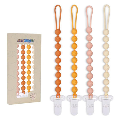 4 Pcs Brown Baby Silicone Teething Pacifier Clip,One-piece Design,Round Shape,Textured Surface,BPA Free.