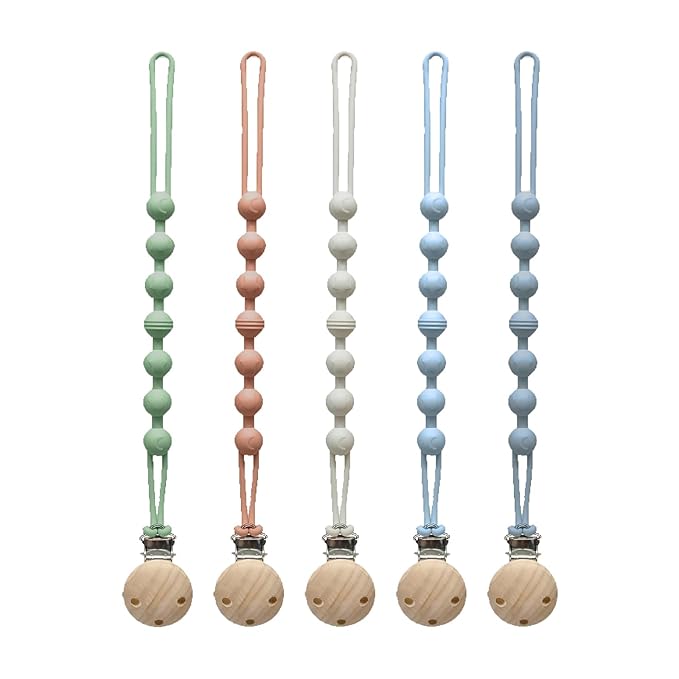 Pacifier Clip for Boys Girls - MORIBOX 5 Pack Paci Clip Soothie Baby Binky Holder for Shower Birthday Gift (Beige+Brown+Green+GBlue+SBlue)