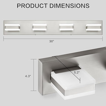 PRESDE 4-Light LED Bathroom Light Fixtures Brushed Nickel Vanity Light for Bathroom Modern Bath Wall Lighting Over Mirror