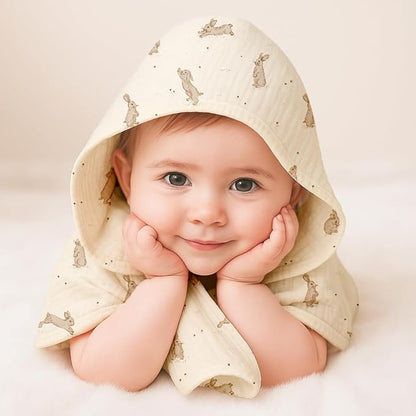 Hooded Baby Towels 2 Pack, Muslin Baby Bath Towels with Hood for Newborn Infant and Toddler, Soft Breathable & Absorbent, 32" x 32" (Bluebell Bloom & Light Blue, Lightweight)