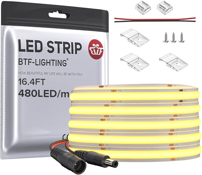 BTF-LIGHTING FCOB COB LED Strip Flexible High Density Uniform Light 9W/m 16.4FT DC24V Natural White 4000K CRI 90+ 8mm Width Dimmable LED Ribbon for Indoor Decor(No Adapter or Controller)