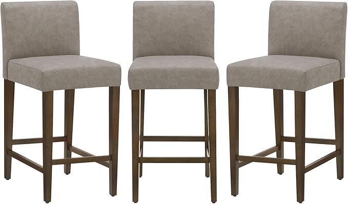 CHITA Counter Height Bar Stools Set of 3, 27" H Seat Height Upholstered Barstools, PU Leather in Stone Grey