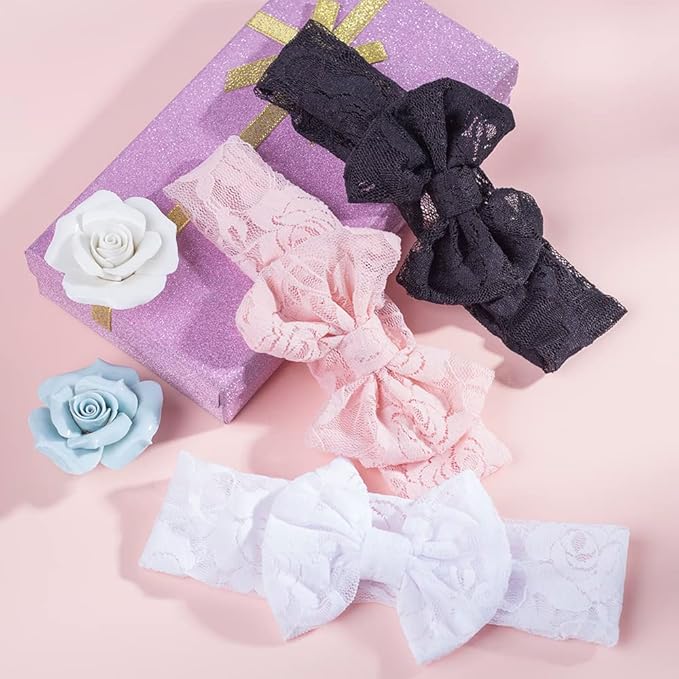 Qiansail Baby Girls Lace Bow Headband Elastics Bow Knot Hairband Headwrap for Newborn Infant Toddlers Kids (Black)
