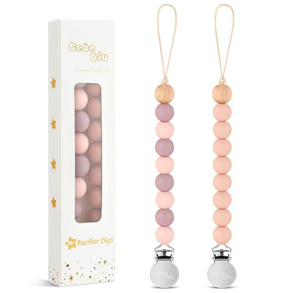 2 Pack Pacifier Clips, Silicone Pacifier Clip for Baby Boys and Girls, Baby Pacifier Strap with Silicone Beads, Soother Dummy Holder, Pacifier Holder, Keeps Pacifier Clean (Mauve/Muted)