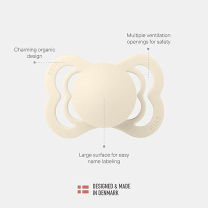 BIBS Supreme Baby Pacifier 2-Pack | Made in Denmark | BPA Free Dummy Soother, Symmetrical Nipple. Silicone, Size 2 (6-18 Months), Haze/Blossom