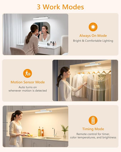 WILLED 5W Motion Sensor Magnetic Light Bar with Remote, Eye-Care Under Cabinet Lighting with Battery Level Display, Vanity Lights for Mirror, Stick on Lights for Cabinet, Closet, Desk and Bathroom