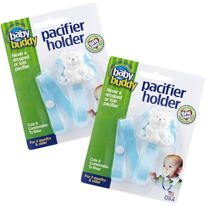 Baby Buddy Bear Pacifier Holder Clip Snaps to Paci, Teether, Toy, Clips to Baby's Shirt, Pacifier Clip - Babies 4 Months & Up/Toddler Boys & Girls, Pacifier Holder, Baby Must Haves, Light Blue, 2 Ct