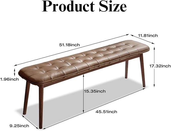 Upholstered Bench, 51.18 in Natural Oak Wood for Dining Table Bench for Living Room with Leather Cushion, End of Bed Footrest Stool Brown