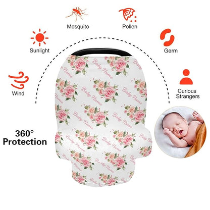 Rose Flower Personalized Baby Car Seat Covers with Name, Custom Nursing Cover Breastfeeding Scarf Soft Breathable Stretchy Coverage, Infant Stroller Cover for Boys Girls