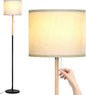 Bedroom Floor Lamp Farmhouse Floor Lamps for Living Room Mid-Century Pole Lamp with Linen Lamp Shade, Standing Tall Floor Lamps for Bedrooms and Office (White+ Wood Black Pole)