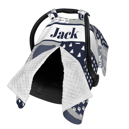 Personalized Baby Car Seat Canopy with Name, Custom Woodland Bear Baby Car Seats Covers for Baby Boy, Opening Minky Nursing Breastfeeding Cover for Infant, Carseat Canopies for Newborn