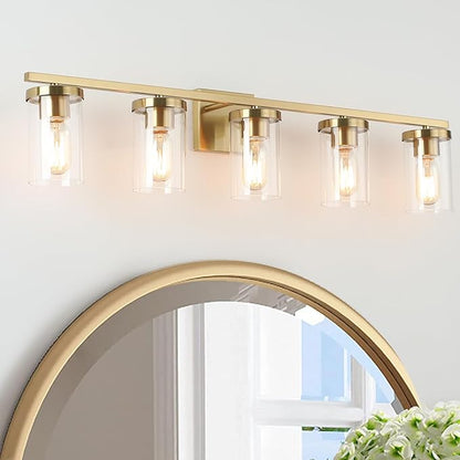 34in Bathroom Light Fixture Over Mirror, 5-Light Gold Vanity Lights with Clear Glass Shades, Modern Wall Sconces for Living Room, Bedroom, Hallway, E26 Base
