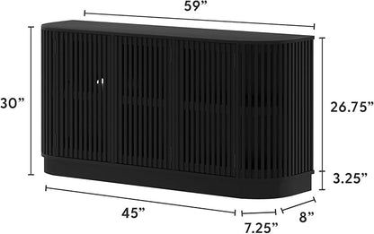 Plank+Beam Contour Wood TV Stand, Three Door Solid Wood Entertainment Console with Storage, 59" L x 16" W x 30" H, Black
