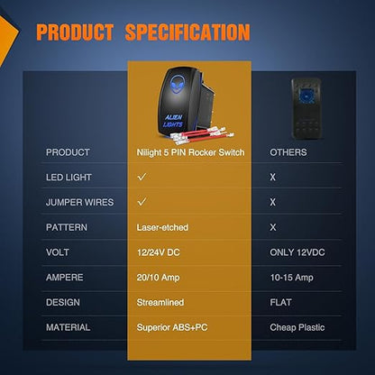 Nilight Alien Lights Rocker Switch Led Light Bar 5 Pin Laser On Off SPST switches 20A/12V 10A/24V Switches Blue with Jumper Wires Set for Cars Trucks Boats ATVs UTVs RVs