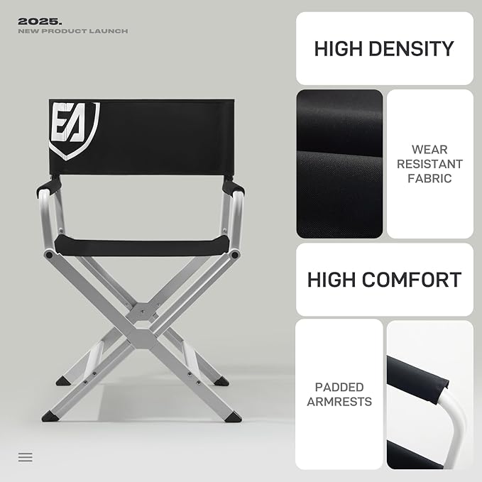EVER ADVANCED Aluminum Directors Chair, Folding Studio Movie Chairs Camping Event Vendor Chair, 19" Seat Height Black Fabric/White Frame, Support 350lbs