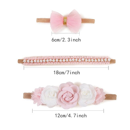 cherrboll Baby Girl Nylon Headbands, 3Pcs Handmade Floral Hair Bows, Stretchy Flower Hairbands for Newborns Infants Toddlers