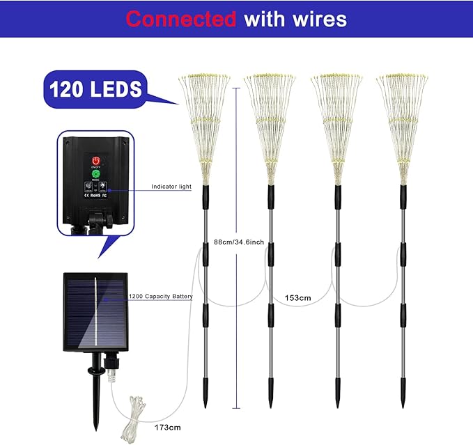 Outdoor Solar Garden Lights, 4 Pack 120 LED Copper Wire Waterproof Garden Fireworks Lamp with Remote, 8 Modes Decorative Sparkles Stake Landscape Light for Pathway Lawn Decor (Colorful)