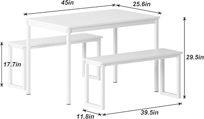 soges 3 PCS Dining Table Set for 4 with 2 Benches, Soho Dining Table and Chairs Set, Industrial Kitchen Table and Chairs Kitchen Breakfast Table Set, Dining Set with Metal Frame, White
