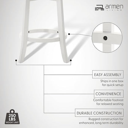 Armen Living Blair 30 in. Matte White Bar Height Rubberwood Swivel Barstool with Fog Fabric Seat - Set of 2