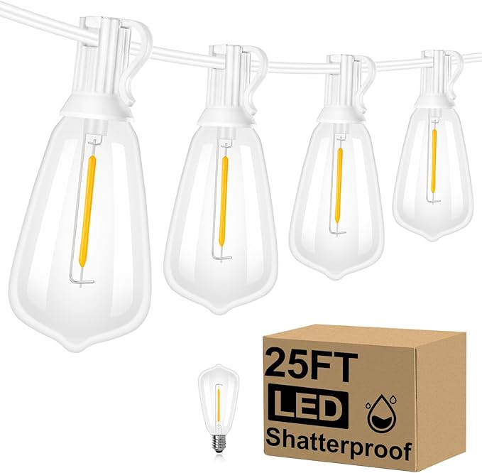 Brightever Outdoor String Light 25 FT, ST38 Patio Lights with 13 Edison Bulbs, Waterproof Connectable Hanging Lights for Backyard Porch Balcony Party Christmas Decor, E12 Socket Base, White