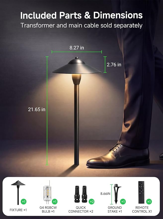 RGBCW Smart Low Voltage Path Light, 12v Black Landscape Lighting with Bluetooth APP Control, Dimmable Warm/Daylight 2700K-6500K G4 Bulb, Large Hat IP65 Waterproof for Walkway Yard 1 Pack