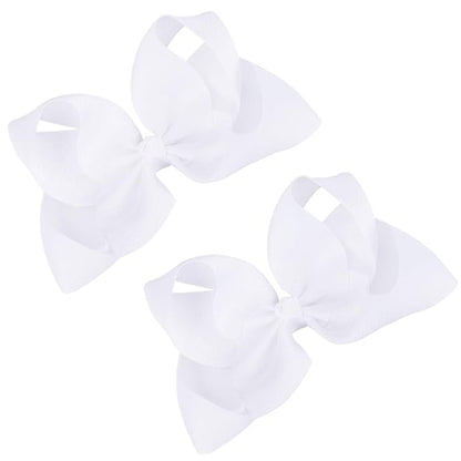 DEEKA 2 PCS 6" Big Hand-made Grosgrain Ribbon Solid Color Hair Bows Alligator Clips Hair Accessories for Little Teen Toddler Girls Kids Set of 2 -White