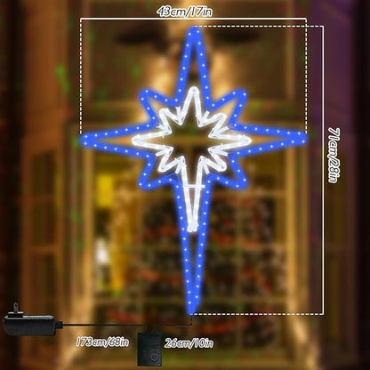 Large 28inch Twinkle Bethlehem Star Pre-lit 216 Super-Bright LED Outdoor Christmas Decoration with 11 Functions and Timer Waterproof for Outdoor Home Party Wall(Blue and White)