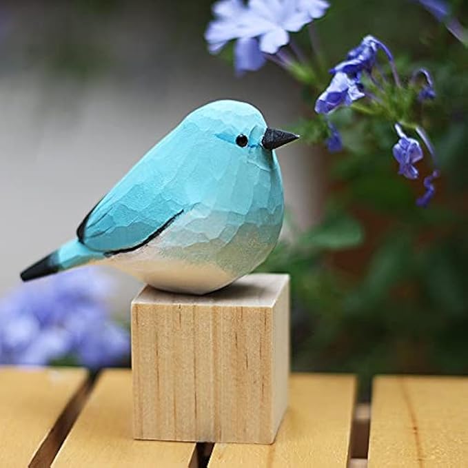 Handmade Wooden Carved Bird Decor Sculpted Hand-Painted Bird Figurines Small Home Decor Bird Statue Shelf Decor BFF Gifts for Bird Lovers(Blue Robin)