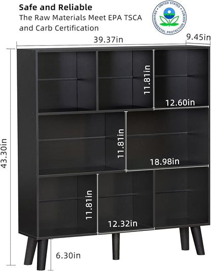 YAHARBO 8 Cube Bookshelf,3 Tier Bookcase with Legs,Black Mid-Century Modern Bookshelves,Large Free Standing Open Storage Organizer Shelf,Tall Wooden Book Case Furniture for Bedroom,Living Room,Office