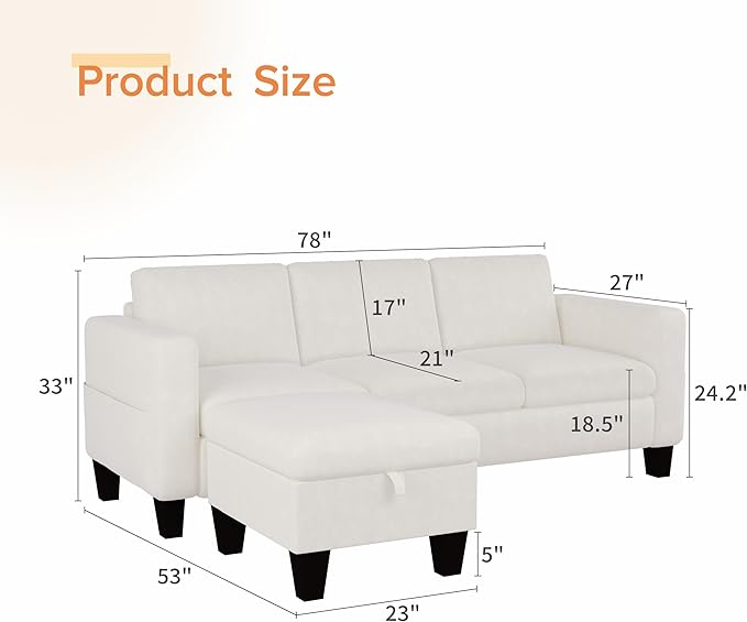 ZeeFu Convertible Sectional Sofa Couch, 3 Seat L-Shaped Sofa with Movable Ottoman, Modern Mocha Brown Velvet Linen Upholstered Small Sectional Sofa Couch for Small Space Apartment Living Room Office
