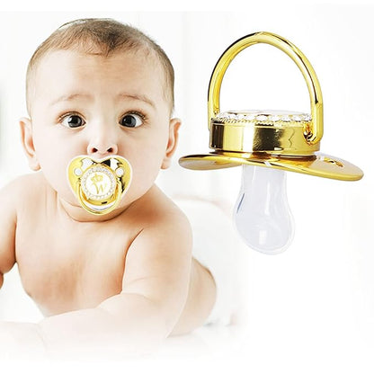 Golden Letter Personalized Baby Pacifier with Bling Design, Clips, Anti-Dust Cover for Newborn Photography, White