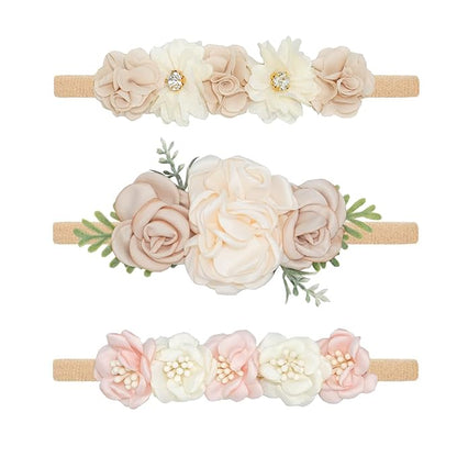 Baby Girl Flower Headbands Set, 3pcs Elastic Nylon Floral Hair Band, Bows Wrap for Infant Newborn Toddler
