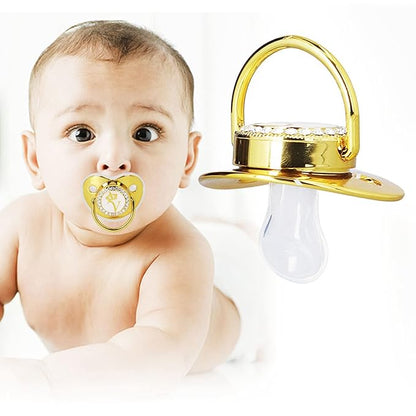 Personalized Golden Letter Baby Pacifier with Bling Design, Clips, Anti-Dust Cover for Newborn Photography