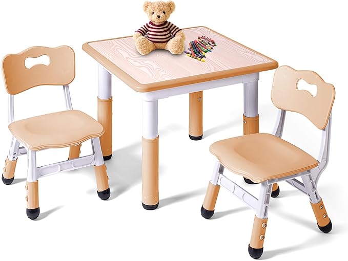 Kids Table and 2 Chairs Set, Height Adjustable Toddler Study Table and Chair Set, Kid Size for Ages 3-8 Children, Graffiti Desktop, Easy to Wipe/Arts & Crafts, Homes/Classrooms/Daycare (Beige)