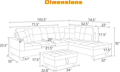 L Shaped Sectional Couch with Otttoman, 103" Sectional Sofa for Living Room Flannel Modular Couches with Cup Holders for Bedroom, Apartments, Light Grey