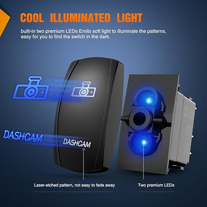 Nilight Dashcam Rocker Switch Led Light Bar 5 Pin Laser On Off SPST Switches 20A/12V 10A/24V Blue with Jumper Wires Set for Cars Trucks Boats ATVs UTVs RVs