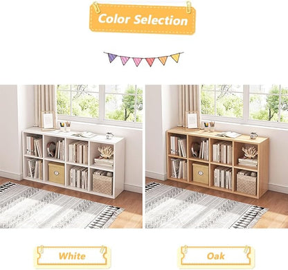 8 Cube Organizer Bookcase - Fabric Storage Bins Container, Open Shelf Simple Compartments Bookshelf, Oak