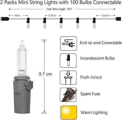 Vigdur 2 Packs 13ft 50 Clear Outdoor String Lights on Brown Wire Cord, UL Approved Connectable Outdoor Lights for Xmas Patio Home Party Garden Decor(Brown)
