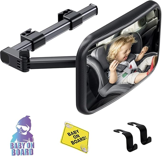 Baby Car Mirror Rear Facing, Safety Adjustable Car Seat Mirror for Baby Extendable Camera Monitor with Hook Clip Design Clear View ShatterProof + 2 Baby on Board Stickers,2 Seat Headrest Hook