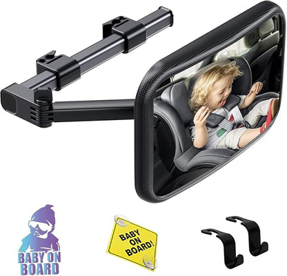 Baby Car Mirror Rear Facing, Safety Adjustable Car Seat Mirror for Baby Extendable Camera Monitor with Hook Clip Design Clear View ShatterProof + 2 Baby on Board Stickers,2 Seat Headrest Hook