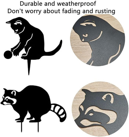 2 Pack Black Cat & Raccoon Garden Stakes, Metal Yard Art for Outside, Decorative Silhouette Statues for Garden, Lawn, Patio, Cute Outdoor Animal Ornaments (Cats and Raccoons)