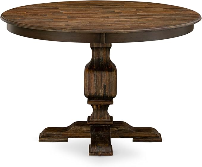 East West Furniture F3EL7-718 7 Piece Kitchen Table Set Consist of a Round Dining Table with Pedestal and 6 Brown Linen Linen Fabric Parsons Dining Chairs, 48x48 Inch, Distressed Jacobean