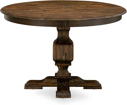 East West Furniture F3EL7-718 7 Piece Kitchen Table Set Consist of a Round Dining Table with Pedestal and 6 Brown Linen Linen Fabric Parsons Dining Chairs, 48x48 Inch, Distressed Jacobean